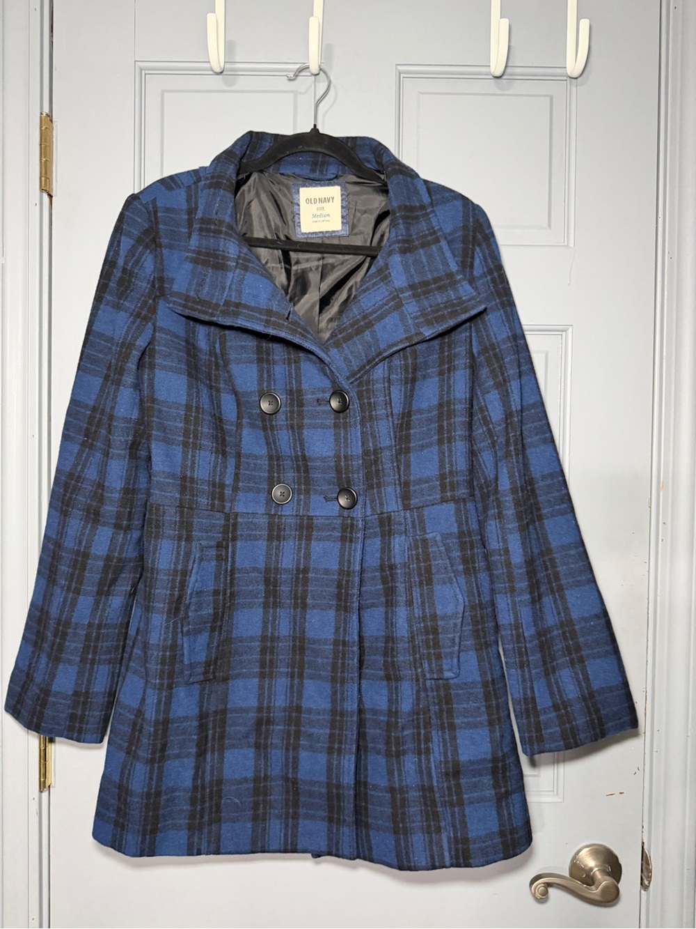 Old Navy Blue and Black Plaid Double-Breasted Peacoat